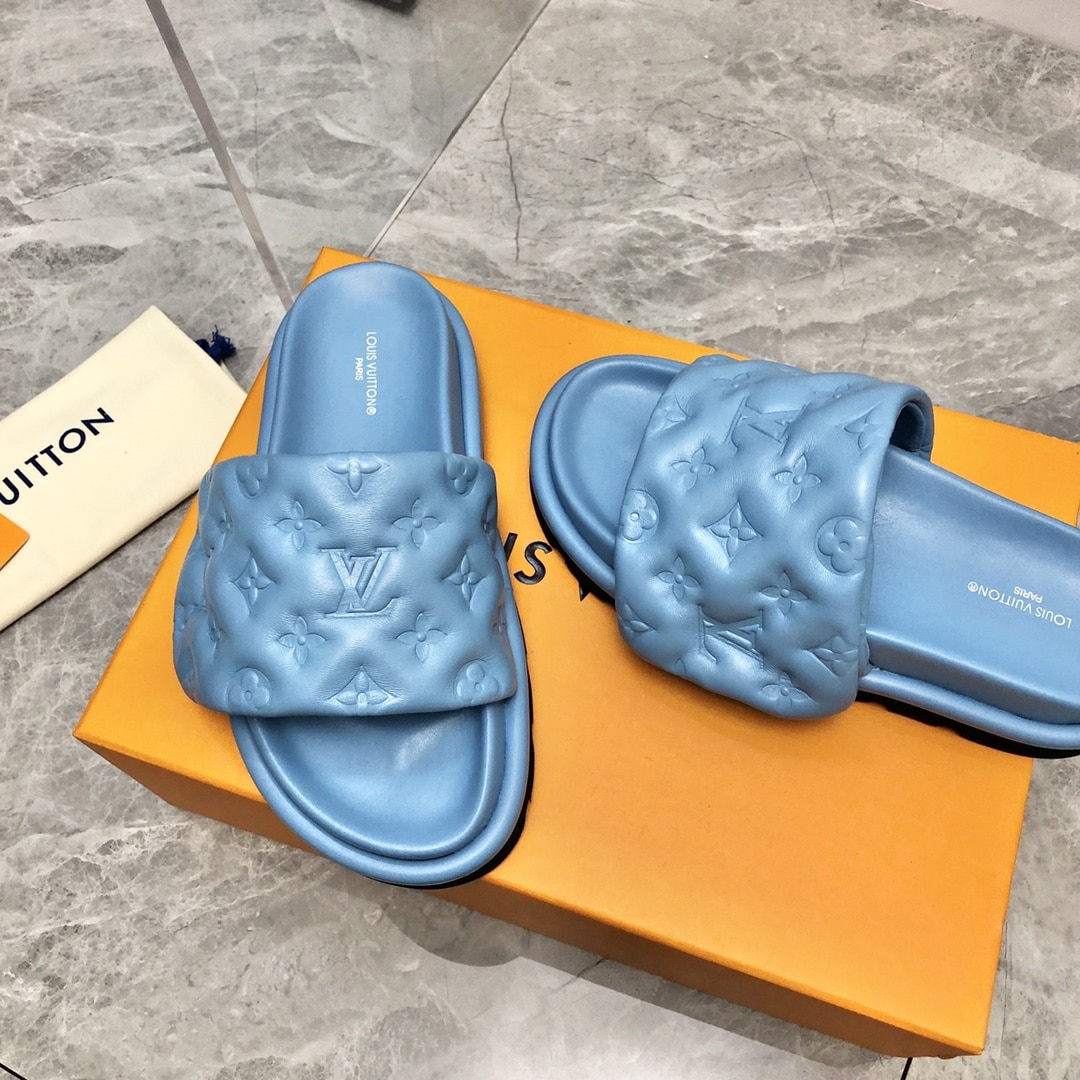 (1:1 replica) Louis Vuitton Women s Pool Pillow Flat Comfort Mule Blue For Women LV
