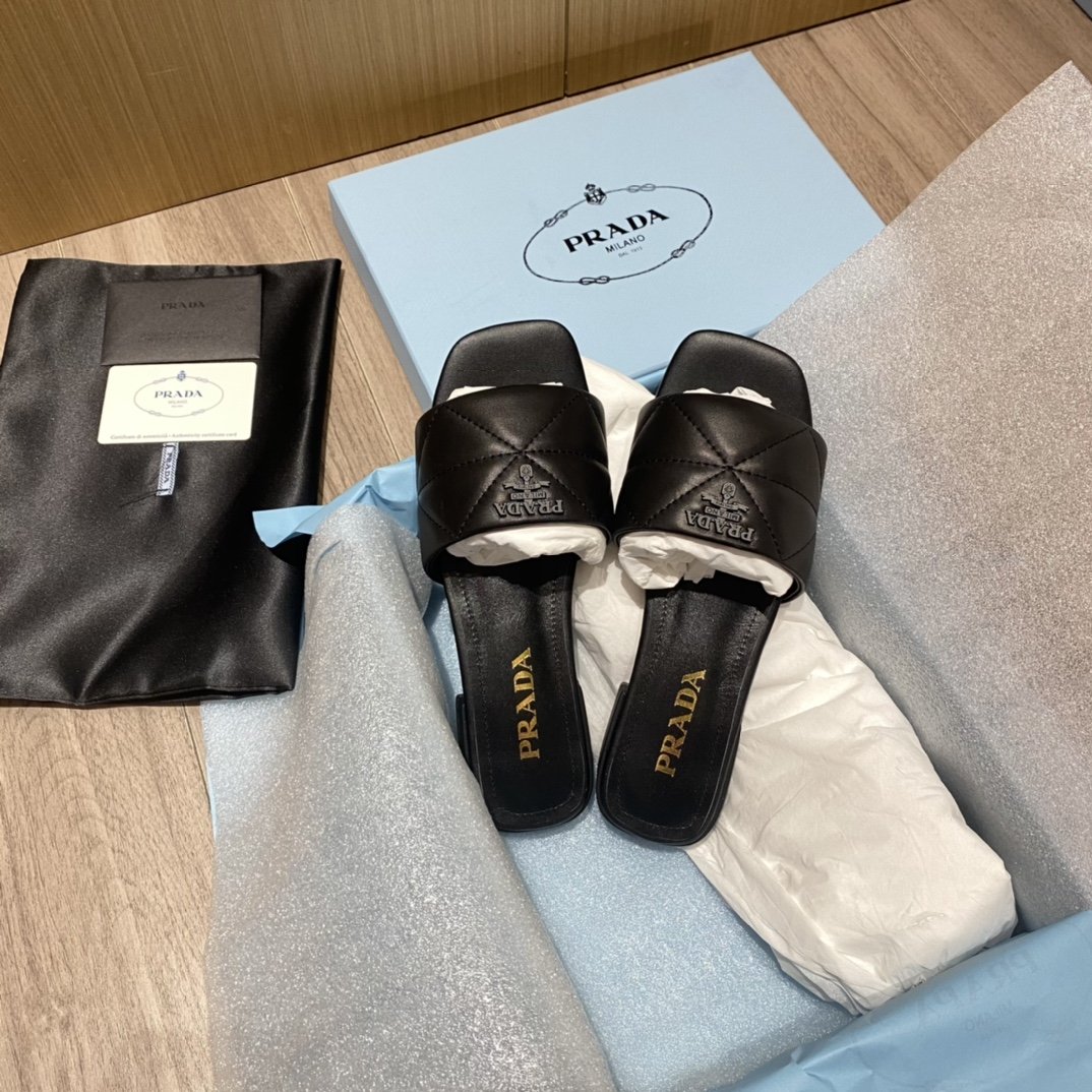 (1:1 replica) Prada Quilted Nappa Sabots Black For Women 0.4in/10mm PRD 1XX583_038_F0002_F_B010