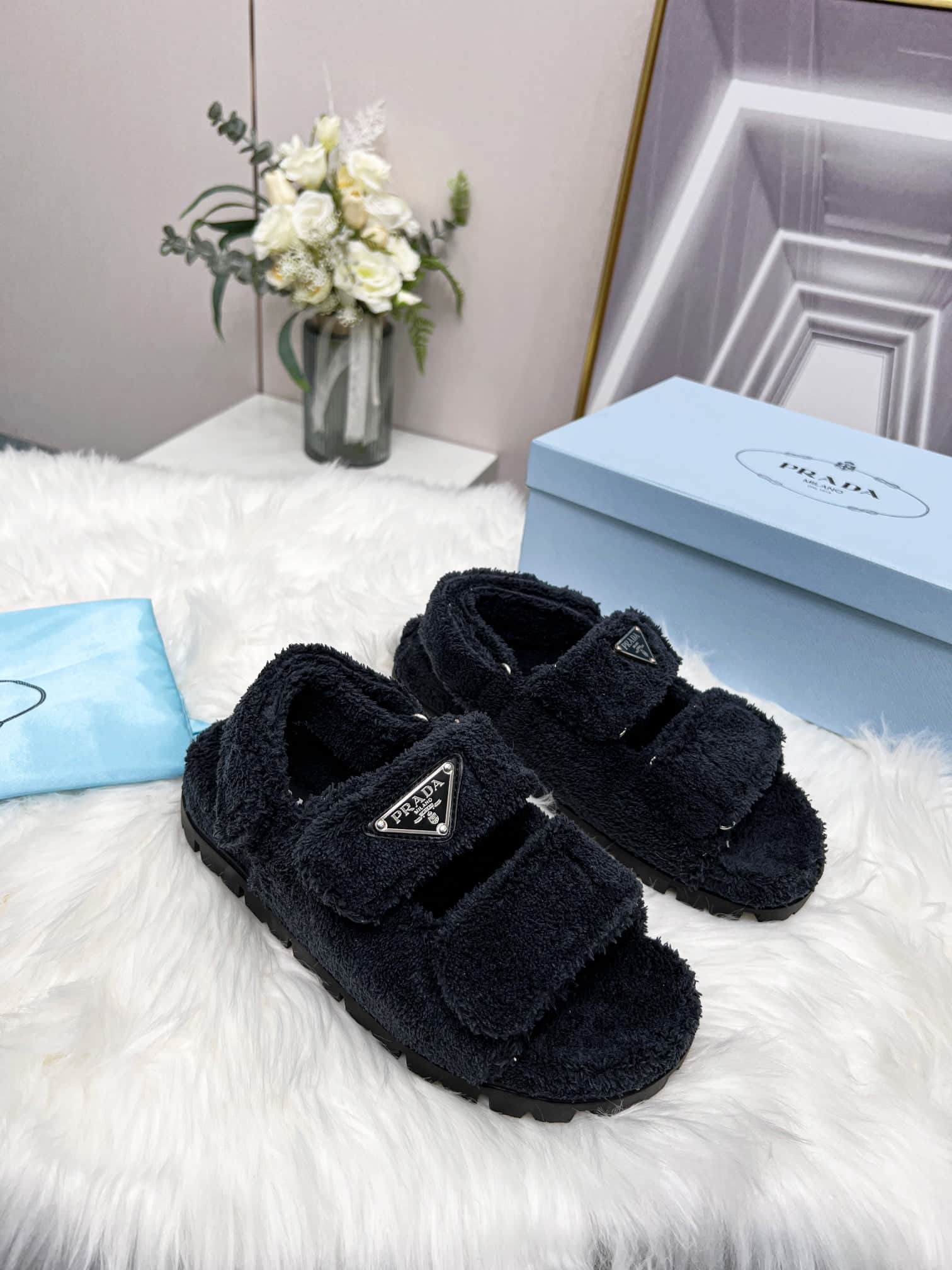 (1:1 replica) Prada Terrycloth Sandals Black For Women 0.8in/20mm PRD