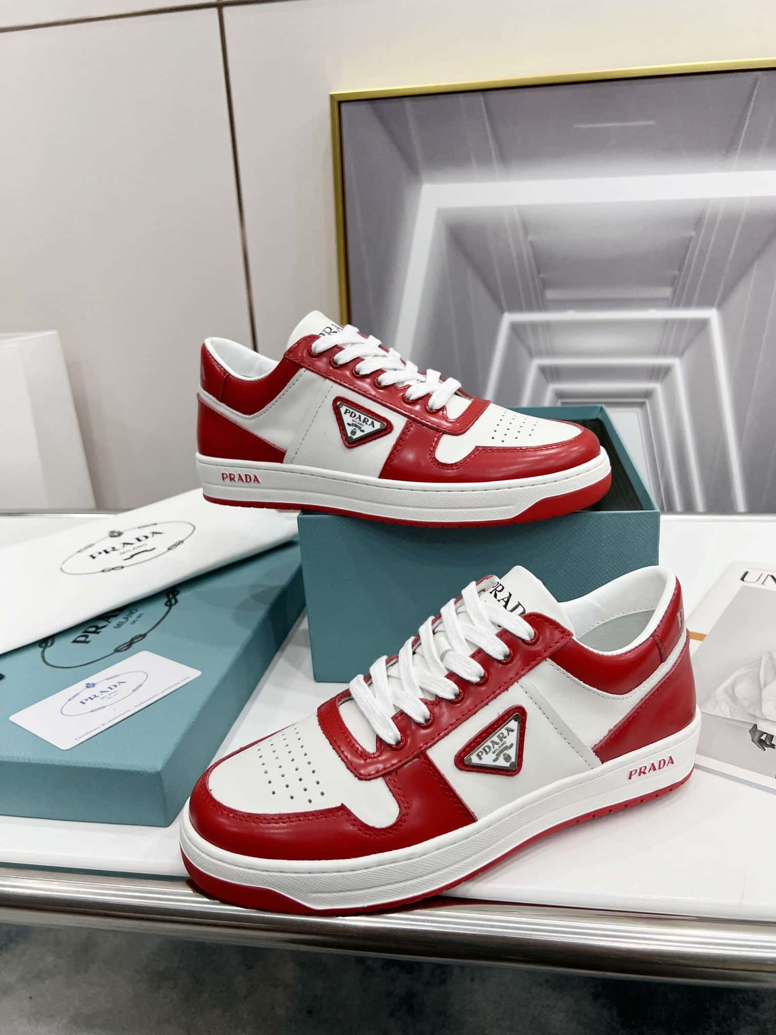 (1:1 replica) Prada Downtown Perforated Sneakers Red/White For Women 1.2in/30mm PRD 2EE364_3LKG_F0O3N