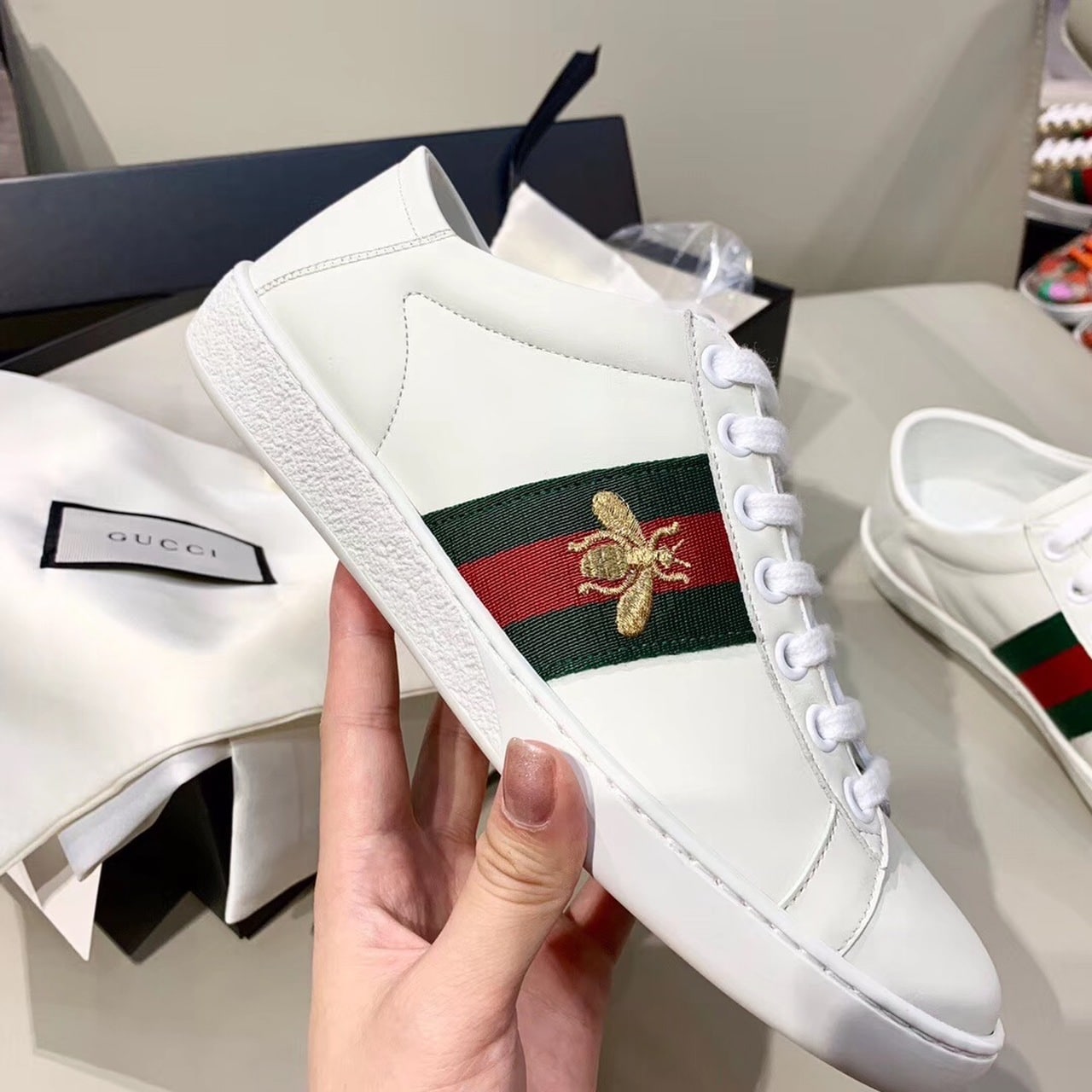 (1:1 replica) Gucci Women s Ace Sneaker With Bee White For Women GG