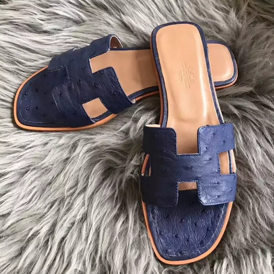 (1:1 replica) HERMES ORAN SLIDE SANDALS IN BLUE ROY OSTRICH LEATHER HMSD076