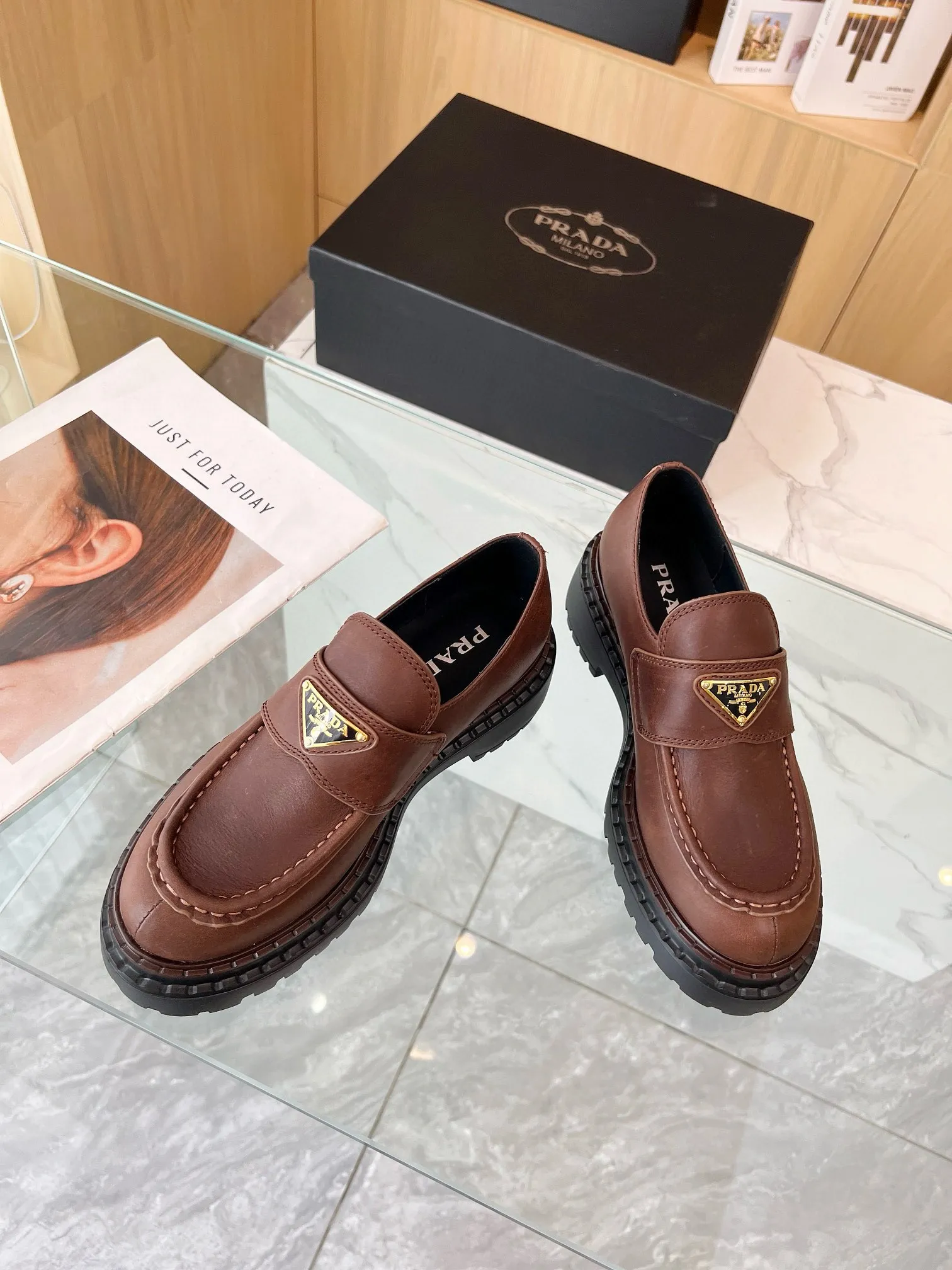 (1:1 replica) Prada Women s Double Chocolate Loafers in Cognac Leather PRL013
