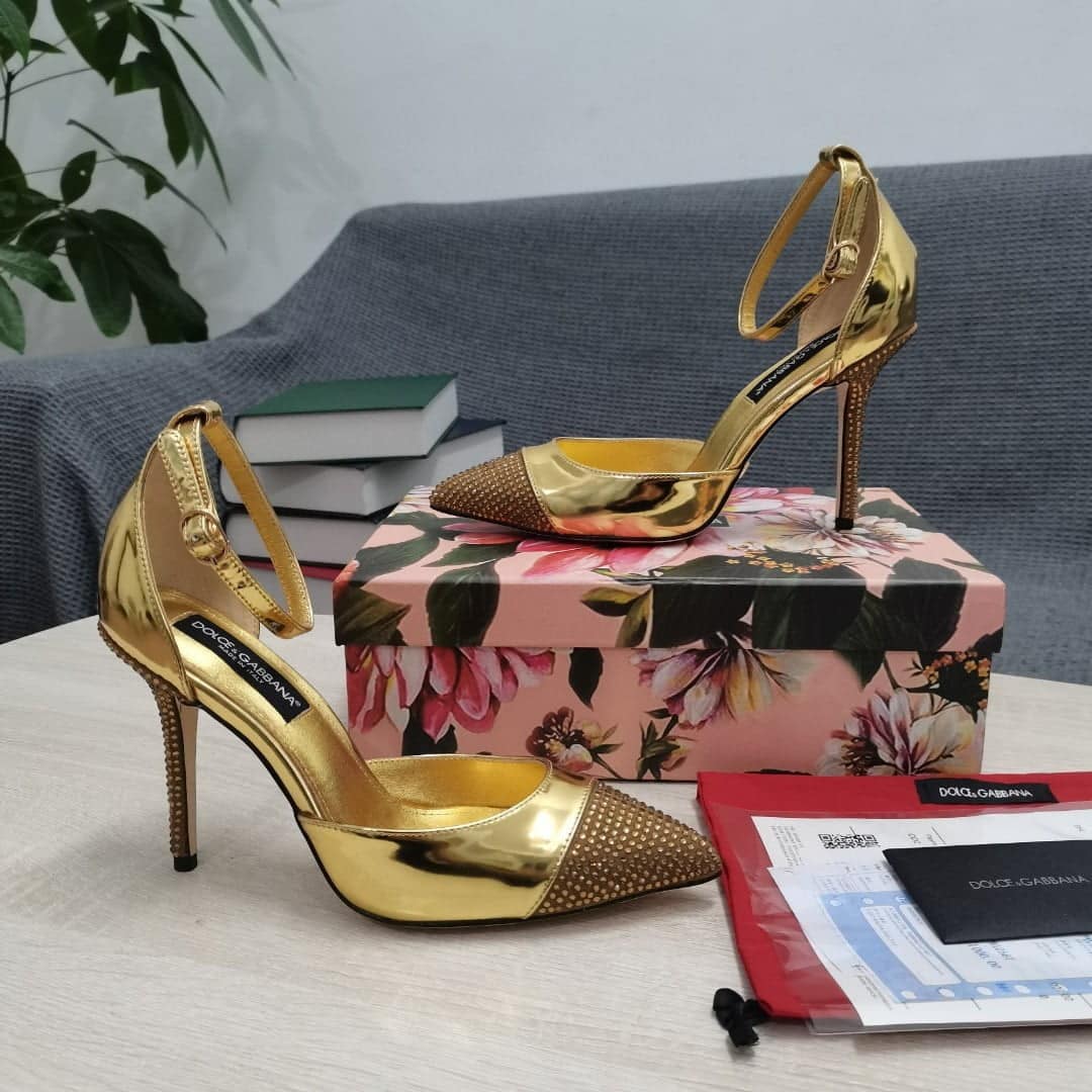 (1:1 replica) Dolce Gabbana Patent Pumps With Fusible Rhinestones Gold For Women DG Shoes