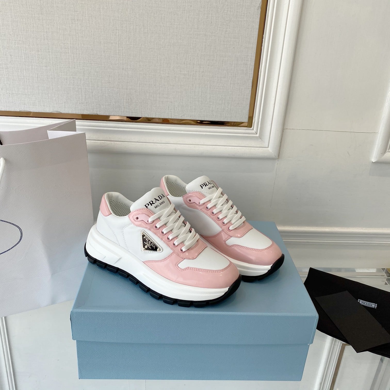 (1:1 replica) Prada Prax 01 Re-Nylon And Brushed Sneakers White And Pink For Women 1.8in/45mm PRD