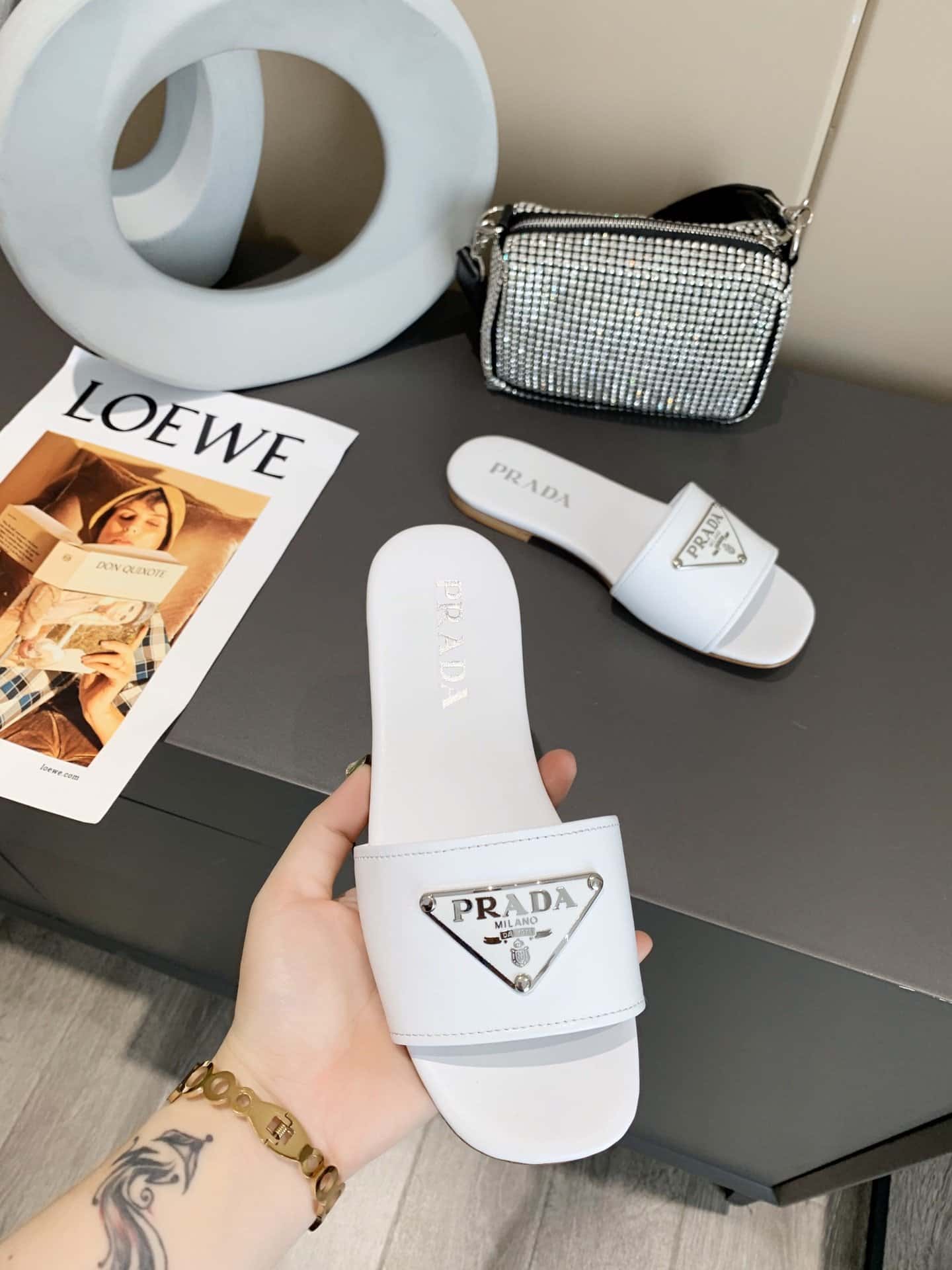 (1:1 replica) Prada Saffiano Slides White For Women 0.4in/10mm PRD 1XX627_053_F0009_F_010