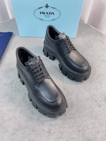 (1:1 replica) Prada Monolith Lace-up Shoes in Black Brushed Leather PRL007