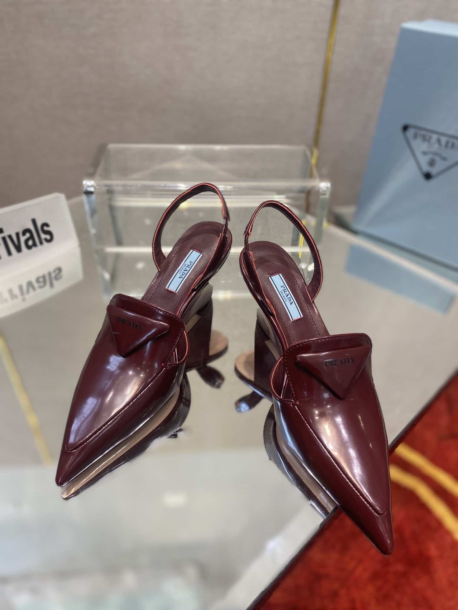(1:1 replica) Prada Brushed Slingback Pumps Burgundy For Women 2.6in/65mm PRD