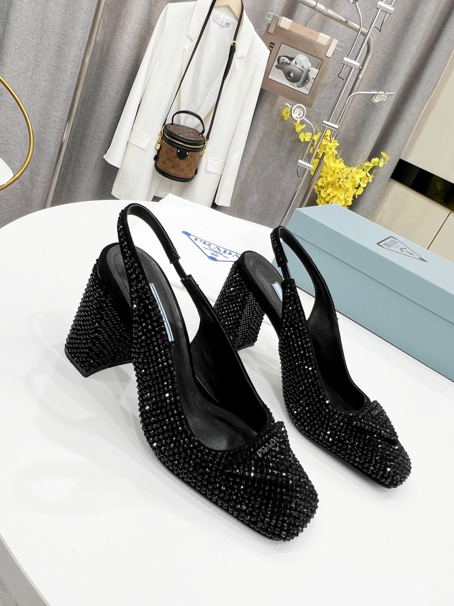 (1:1 replica) Prada Satin Sling-Back Pumps With Crystals Black For Women 3.5in/90mm PRD