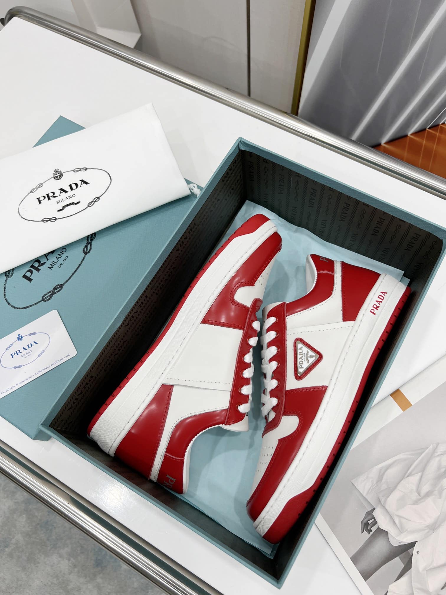 (1:1 replica) Prada Downtown Perforated Sneakers Red/White For Women 1.2in/30mm PRD 2EE364_3LKG_F0O3N