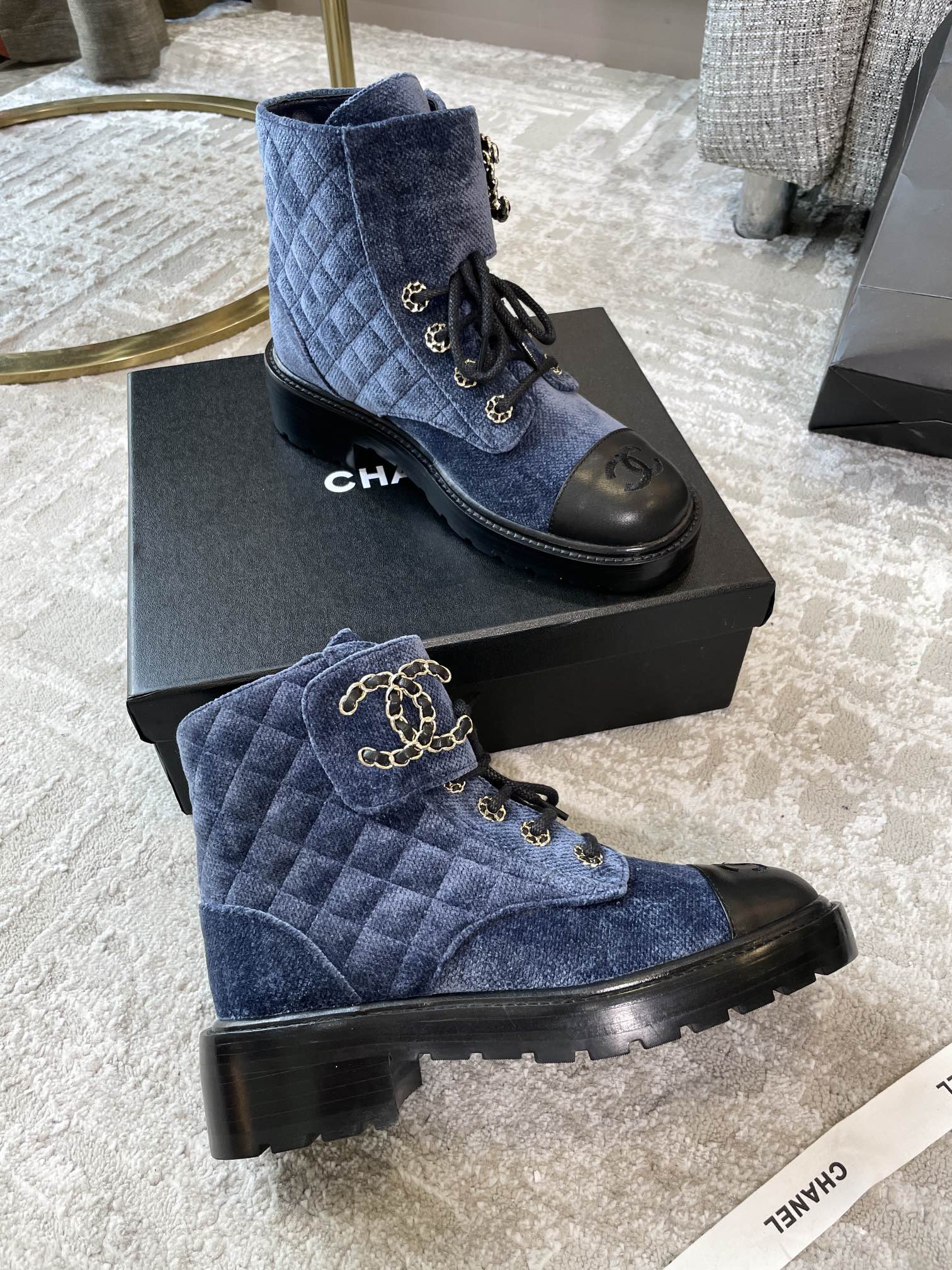 (1:1 replica) Chanel Women s Lace- Ups Wool Fabric Blue For Women 1.5in/ 4cm