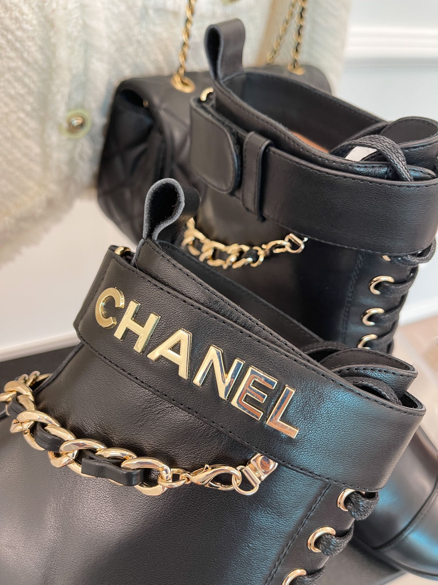 (1:1 replica) Chanel Women s Lace-Up With Chain Black For Women 3.7in/9.5cm