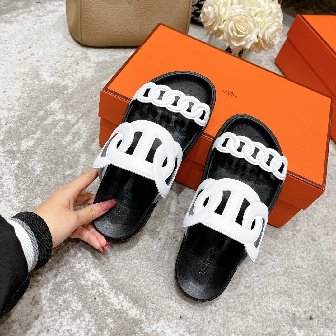 (1:1 replica) Hermes Extra Sandal Black/White For Women, Women s Shoes H221146Z 90350