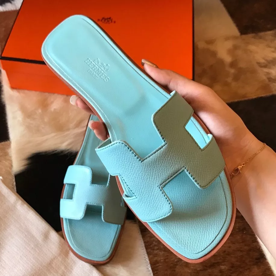 (1:1 replica) HERMES ORAN SLIDE SANDALS IN BLUE ATOLL EPSOM CALFSKIN HMSD064