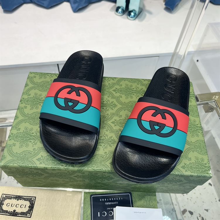(1:1 replica) GUCCI SLIDE INTERLOCKING G LEATHER BLACK FOR MEN GSL003
