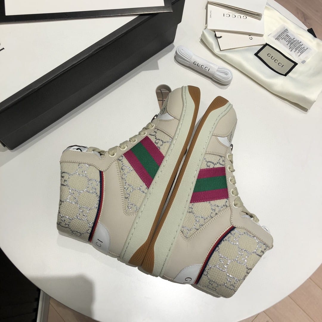 (1:1 replica) Gucci Women s Screener GG High-Top Beige Pink Green For Women 5637309
