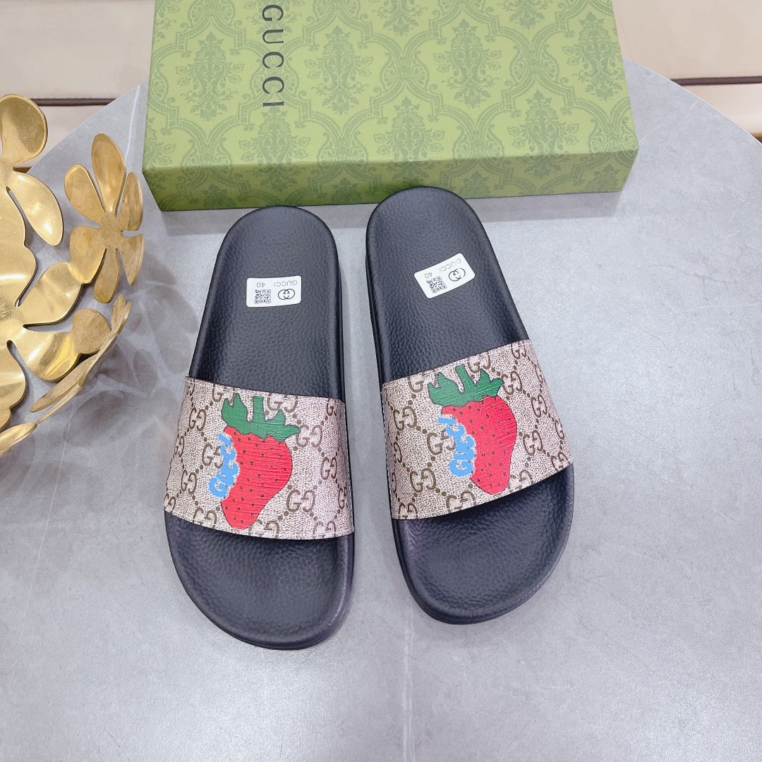 (1:1 replica) Gucci Women s GG Supreme Slides With Gucci Strawberry Black And Gray For Women 408508 G2200