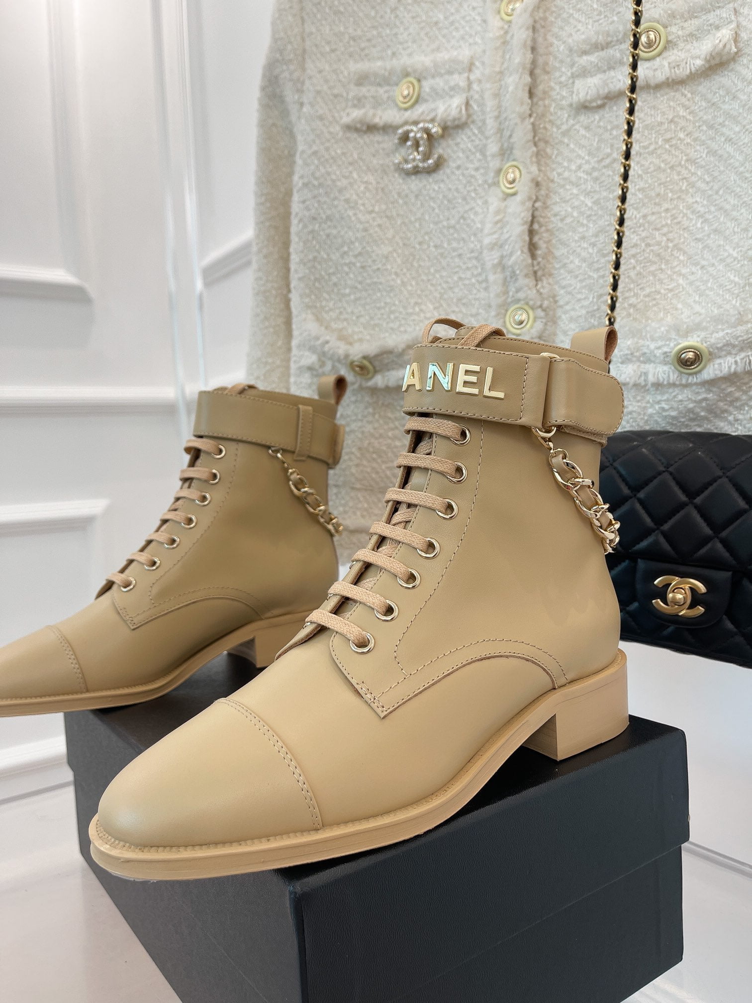 (1:1 replica) Chanel Women s Lace-Up With Chain Beige For Women 1.5in/4cm