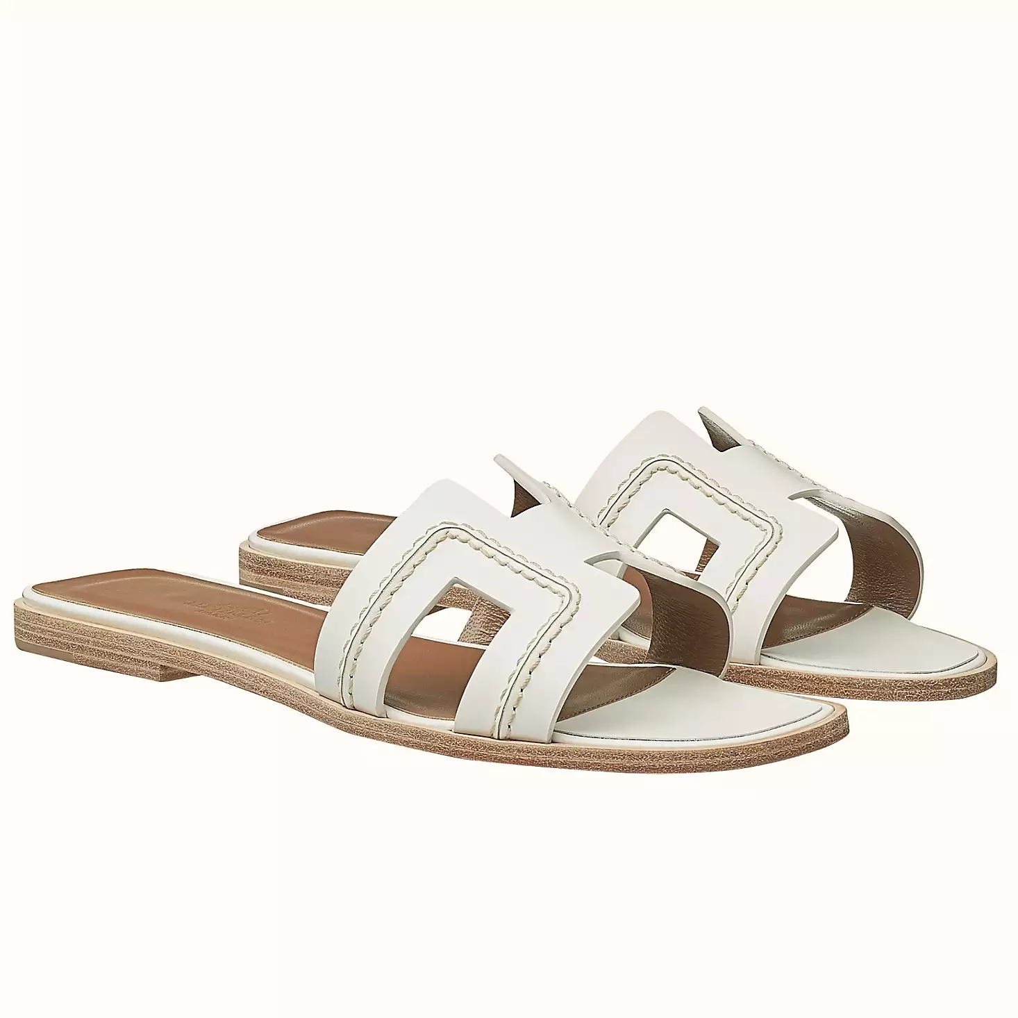 (1:1 replica) HERMES ORAN SLIDE SANDALS IN WHITE LEATHER WITH STITCHED HMSD045