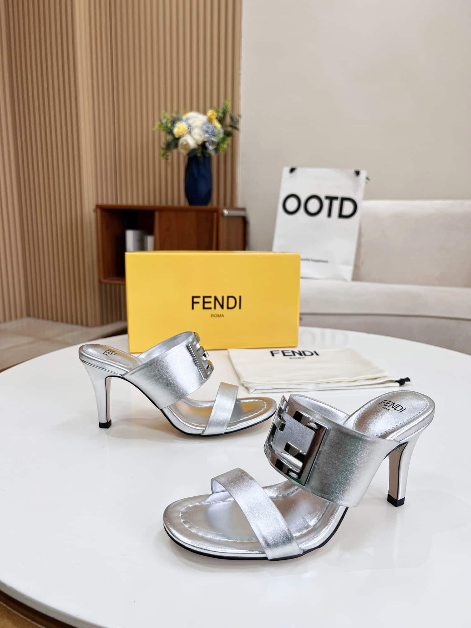 (1:1 replica) Fendi Baguette Silver Heels For Women