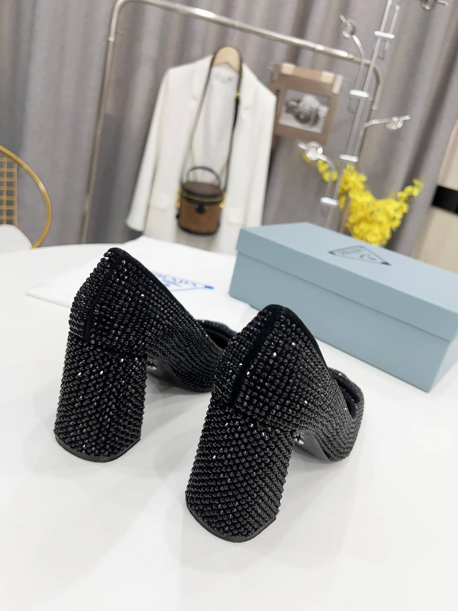 (1:1 replica) Prada Satin Pumps With Crystals Black For Women 3.5in/90mm PRD