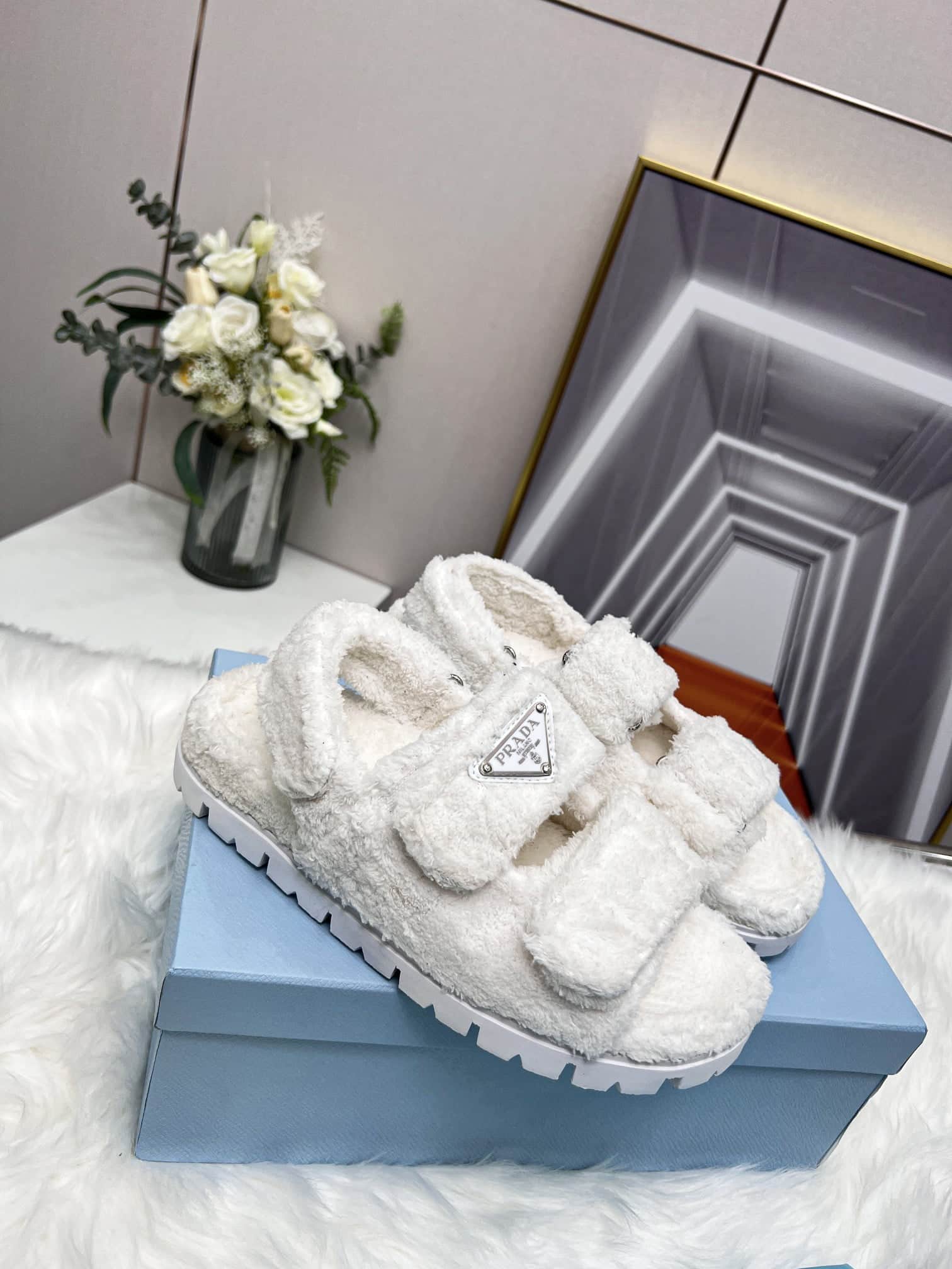 (1:1 replica) Prada Terrycloth Sandals White For Women 0.8in/20mm PRD 1X737M_H39_F0009_F_D020