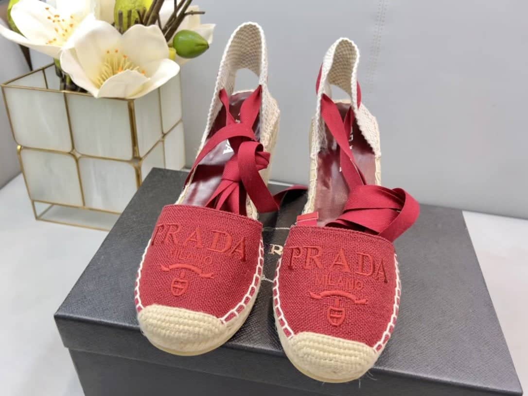 (1:1 replica) Prada Linen Espadrille Wedge Sandals Red For Women 3.5in/90mm PRD