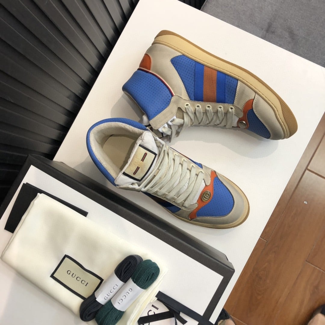 (1:1 replica) Gucci Women s Screener Distressed High Top Beige Blue For Women 563730