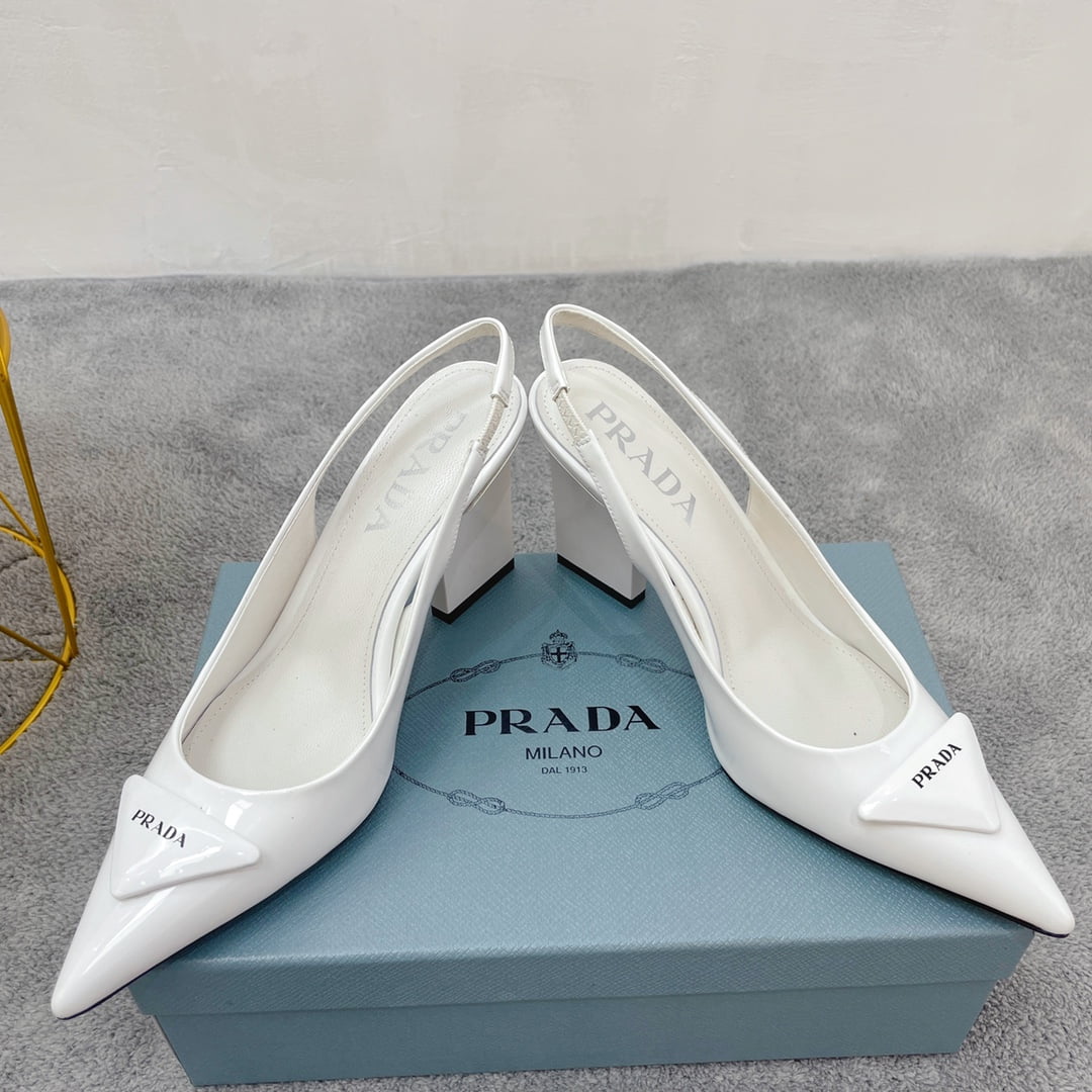 (1:1 replica) Prada Patent Sling-Back Pumps White For Women 3.5in/90mm PRD
