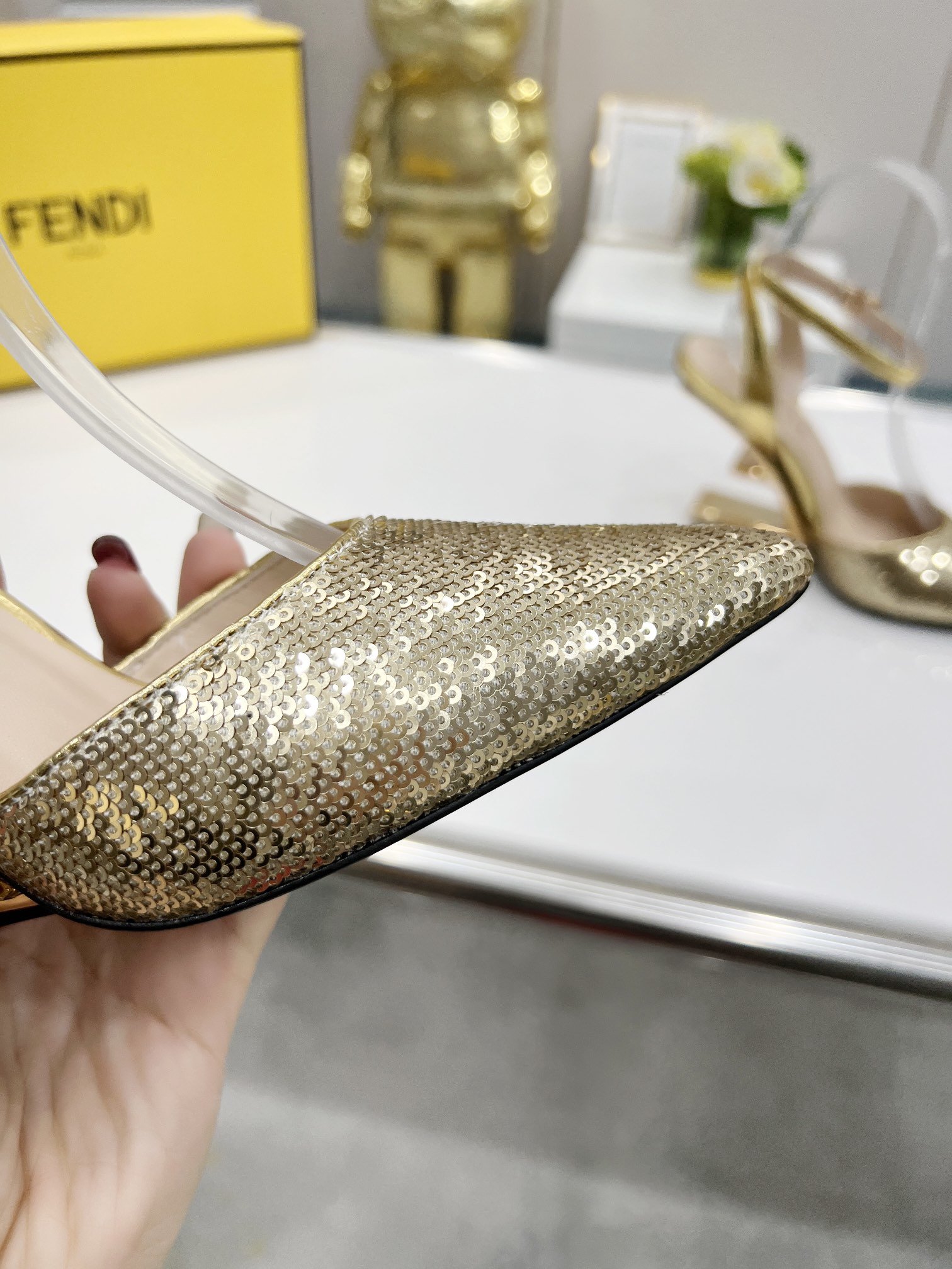 (1:1 replica) Fendi First Gold Glitter High-Heeled Slingbacks For Women