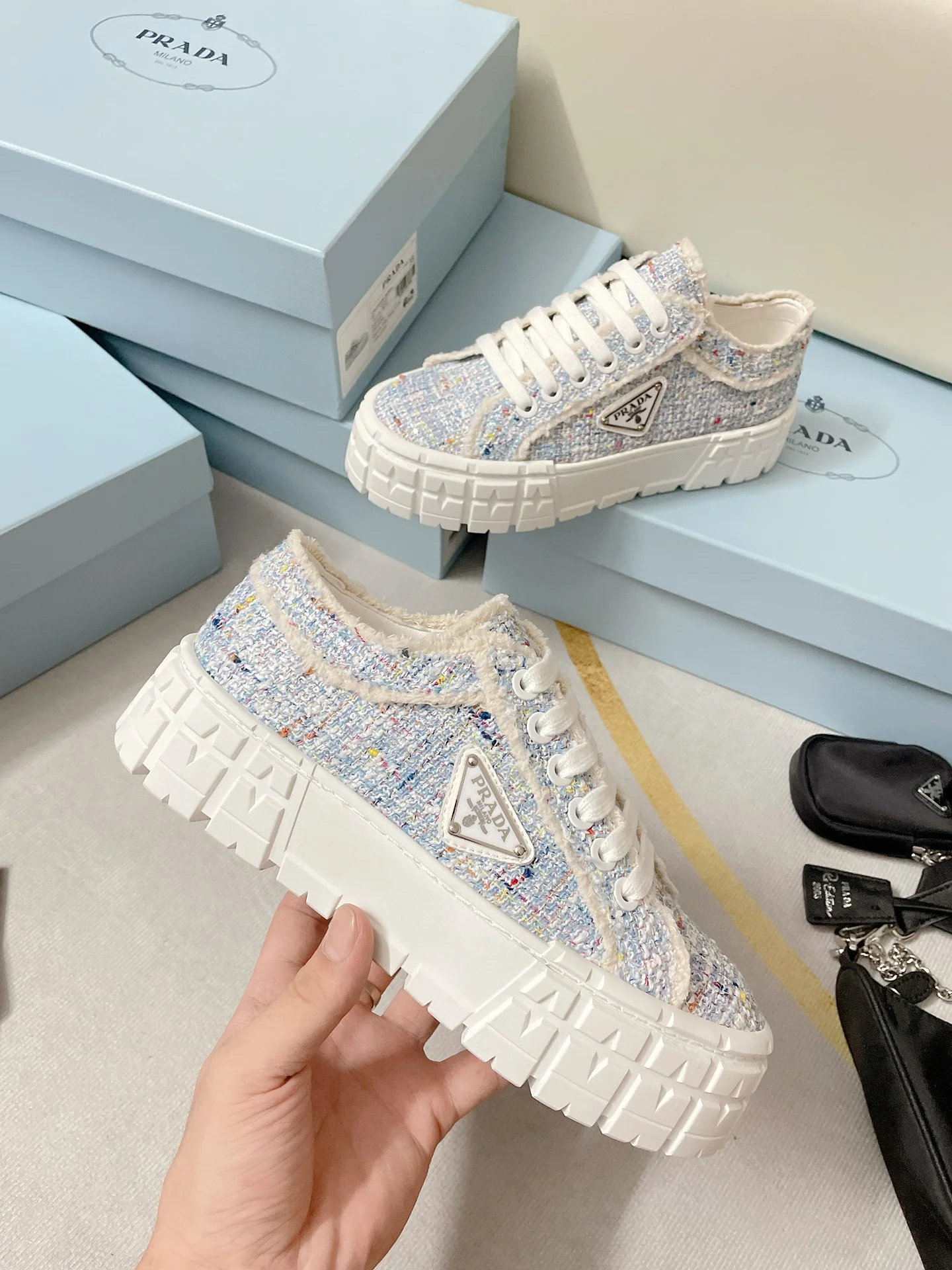(1:1 replica) Prada Double Wheel Gabardine Sneakers Light Blue For Women 2in/50mm PRD