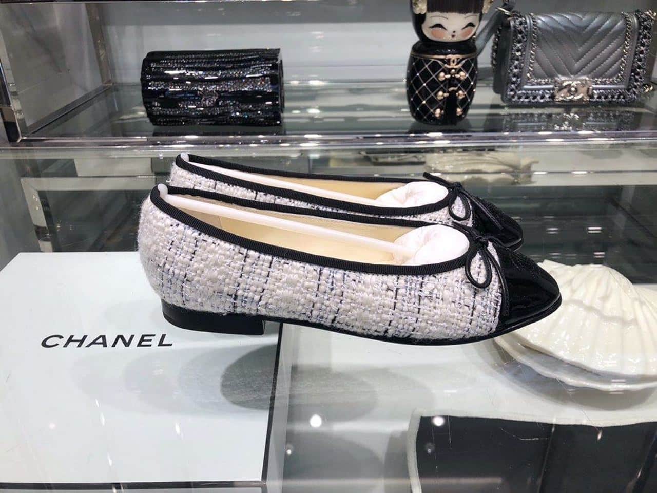 (1:1 replica) Chanel Ballerina Flats Tweed Grosgrain Calfskin Leather Fall/Winter Collection Grey/Black