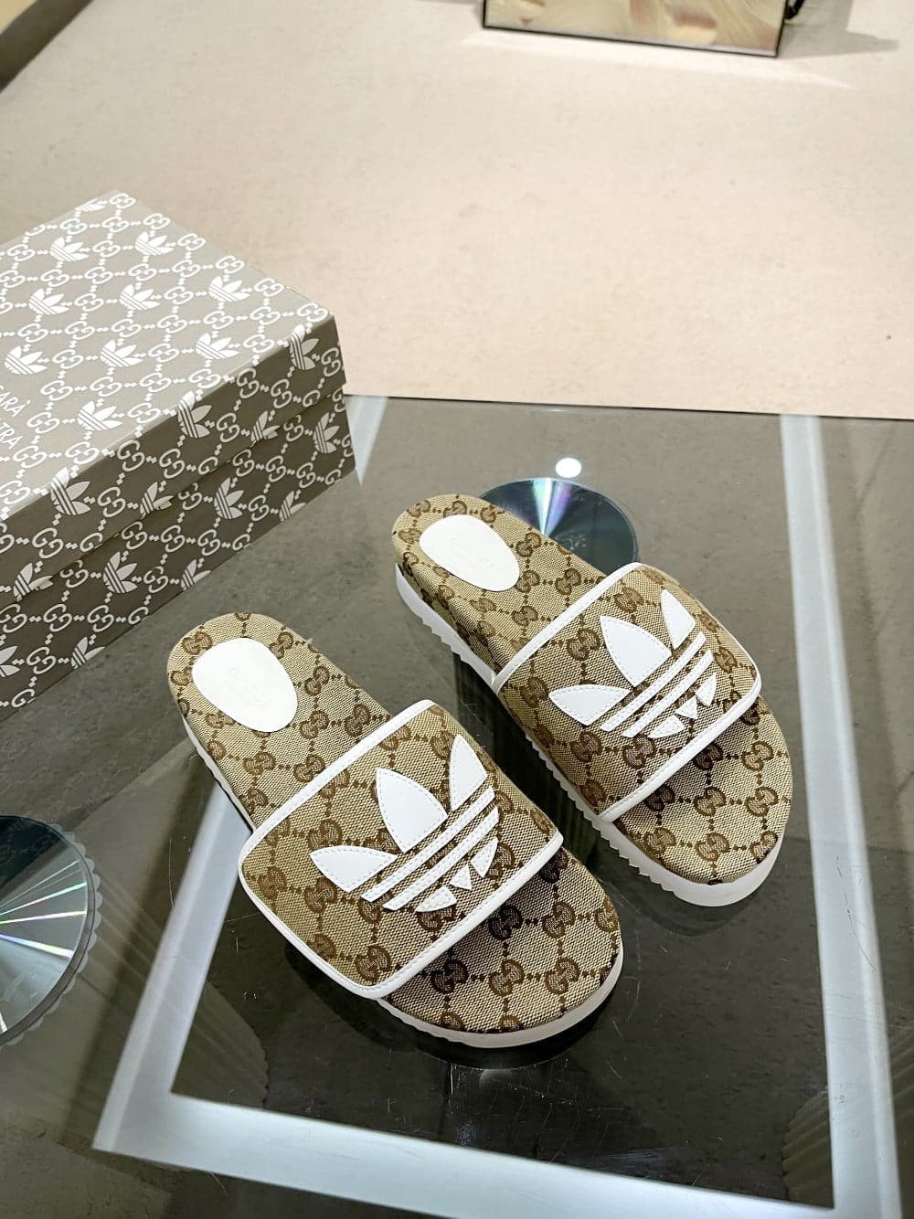 (1:1 replica) Gucci x Adidas Women s GG Platform Sandal Beige For Women GG