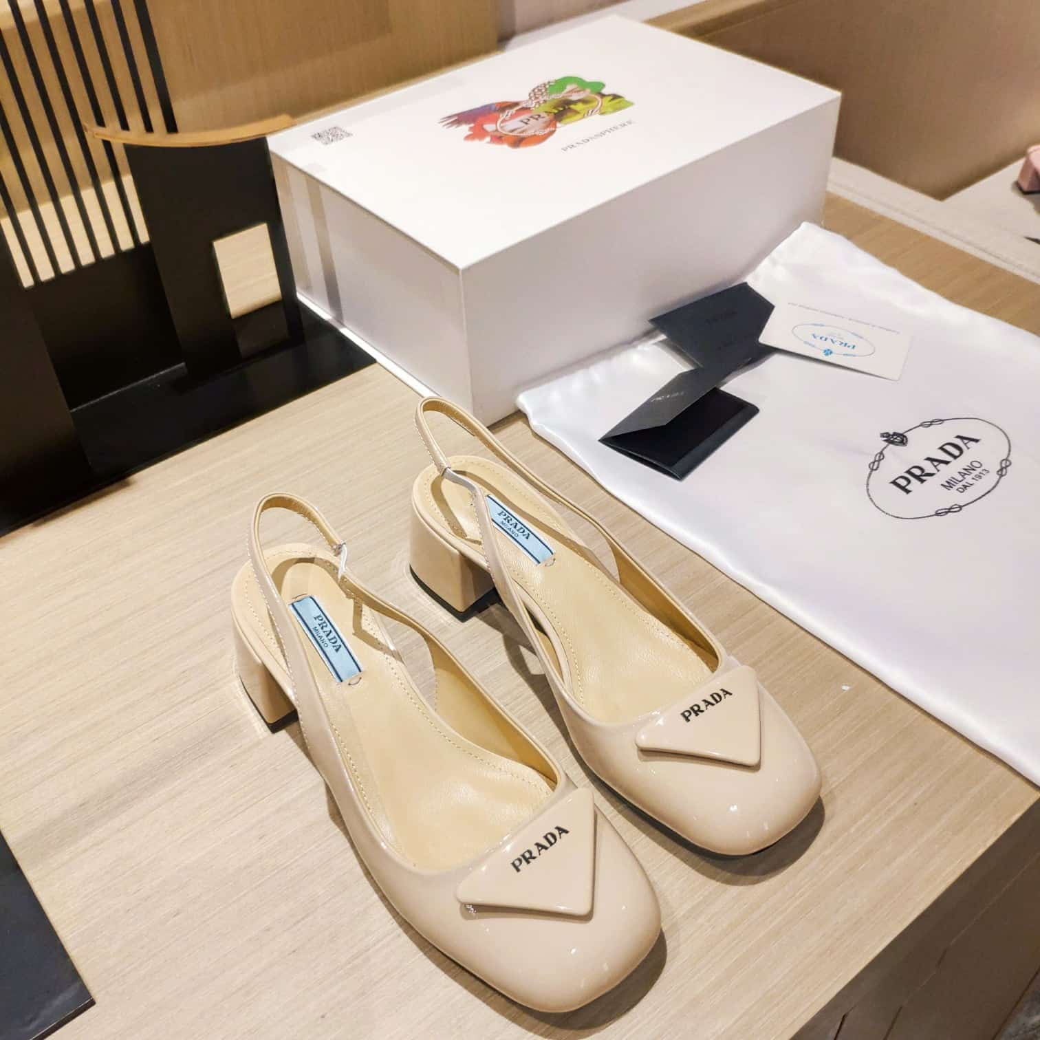 (1:1 replica) Prada Patent Sling-Back Pumps Dark Beige For Women 1.8in/45mm PRD