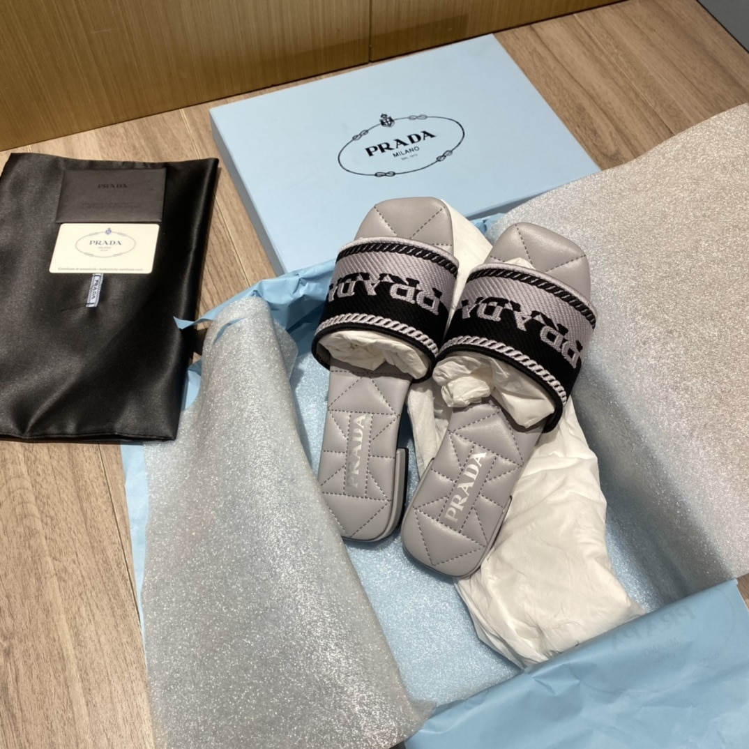 (1:1 replica) Prada Embroidered Fabric Slides Black/Grey For Women 0.4in/10mm PRD 1XX612_3LKB_F0EHZ_F_B010