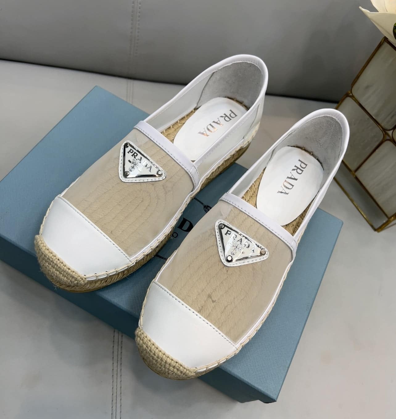 (1:1 replica) Prada Mesh And Nappa Espadrilles White For Women 0.8in/20mm PRD