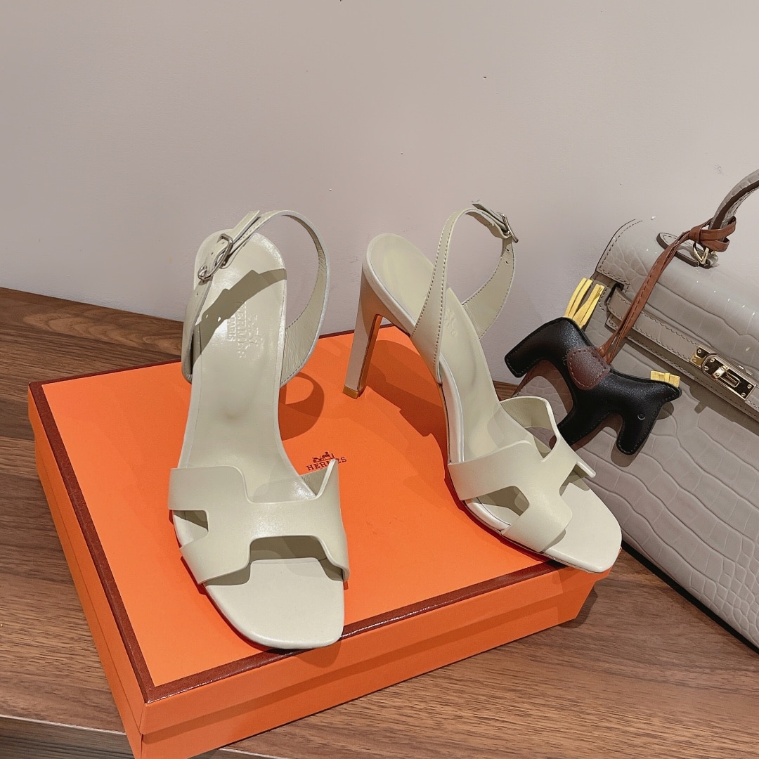 (1:1 replica) Hermes Ella Sandal White Grey For Women 4.1in/10.5cm