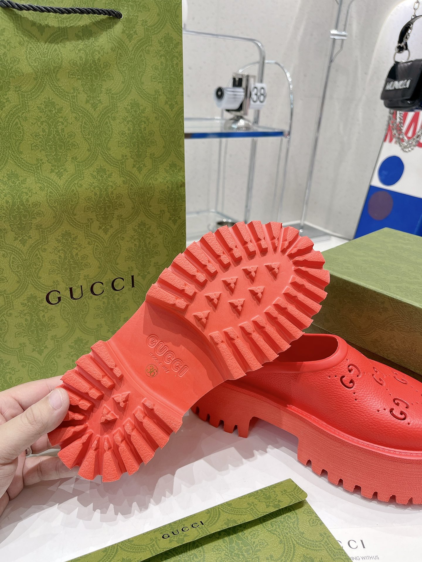 (1:1 replica) Gucci Women s Platform Perforated G Sandal Red For Women GG