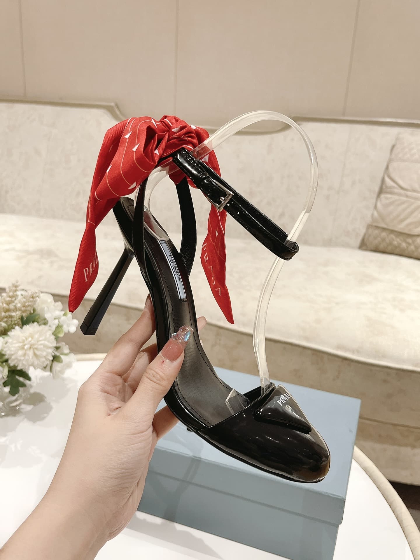 (1:1 replica) Prada Patent Sling-Back Pumps Black For Women 3.5/90mm PRD