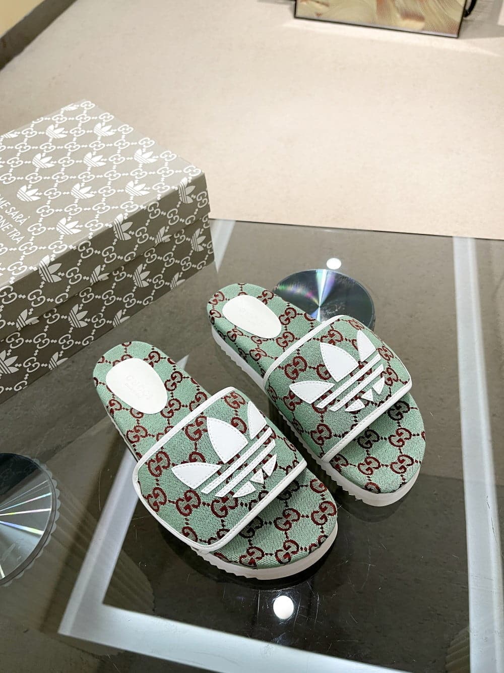 (1:1 replica) Gucci x Adidas Women s GG Platform Sandal Light Grey For Women GG