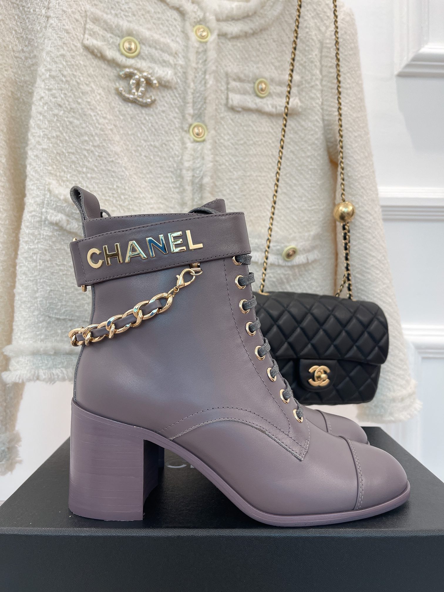 (1:1 replica) Chanel Women s Lace-Up With Chain Light Violet For Women 3.7in/9.5cm