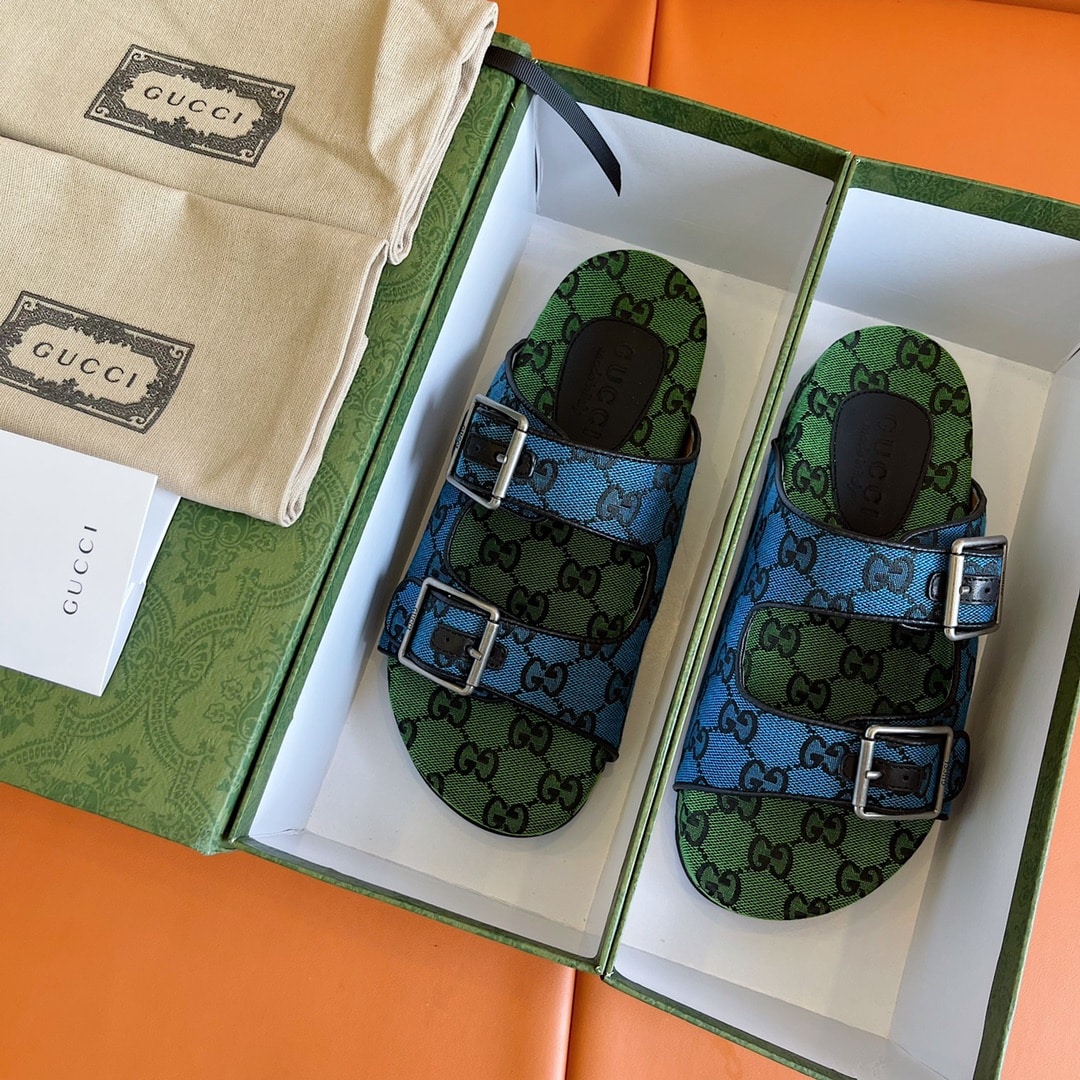 (1:1 replica) Gucci Women s Slide Sandal With Straps Beige And Blue For Women GG