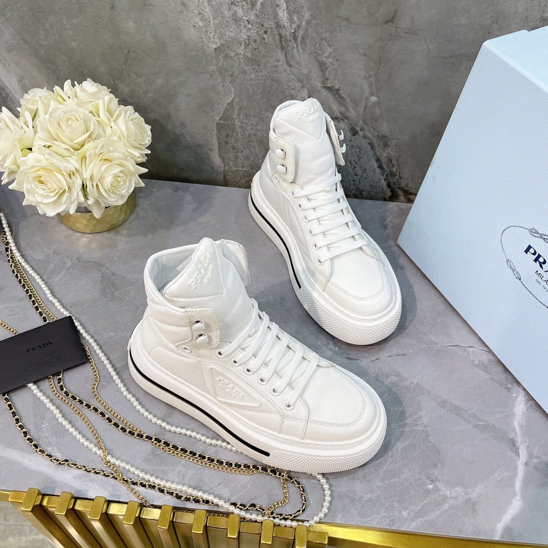 (1:1 replica) Prada Macro Re-Nylon And Brushed High-Top Sneakers White For Women 1.8in/45mm PRD 1T642M_3LF5_F0009_F_B045