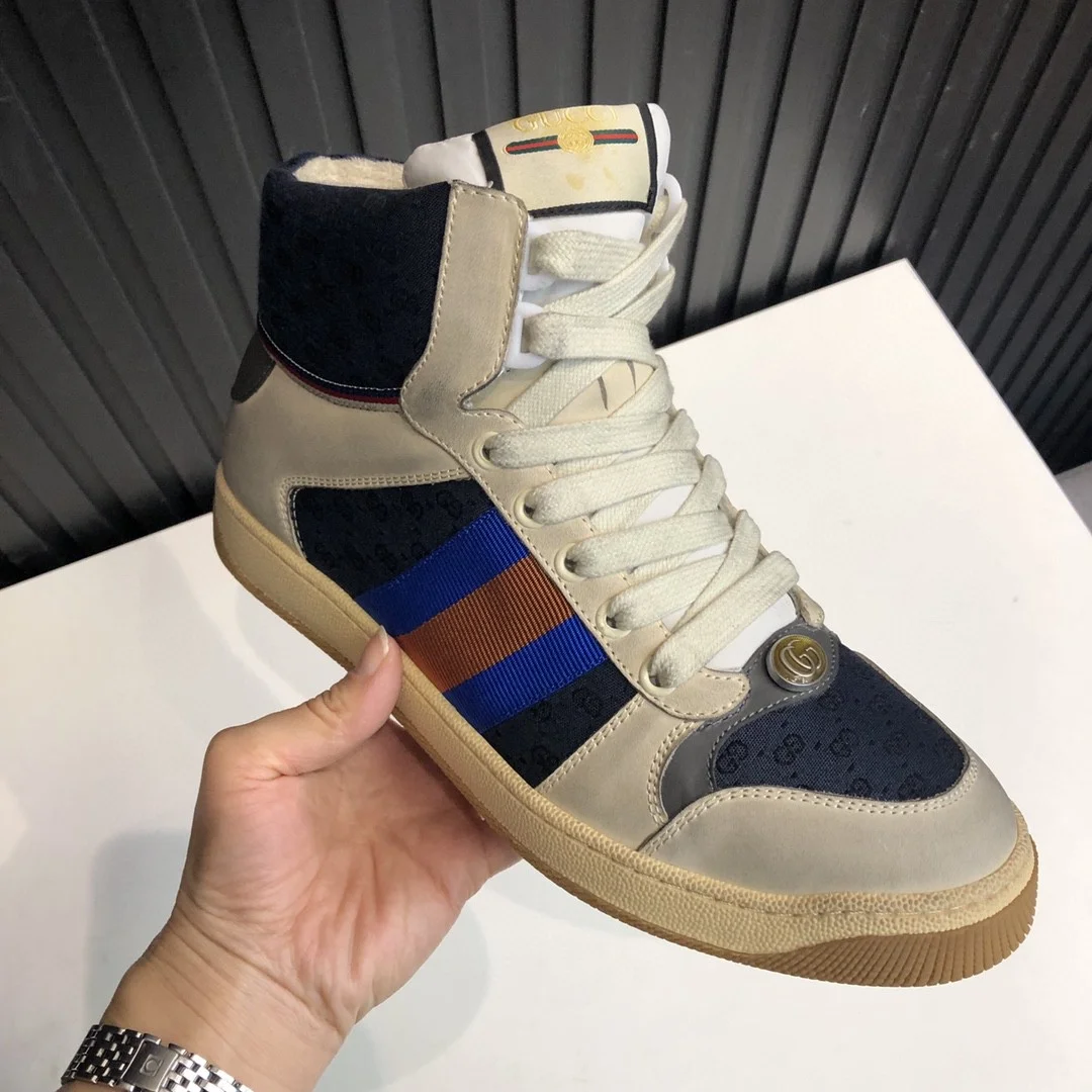 (1:1 replica) Gucci Women s GG Screener Distressed High Top Off-White Blue For Women 563730