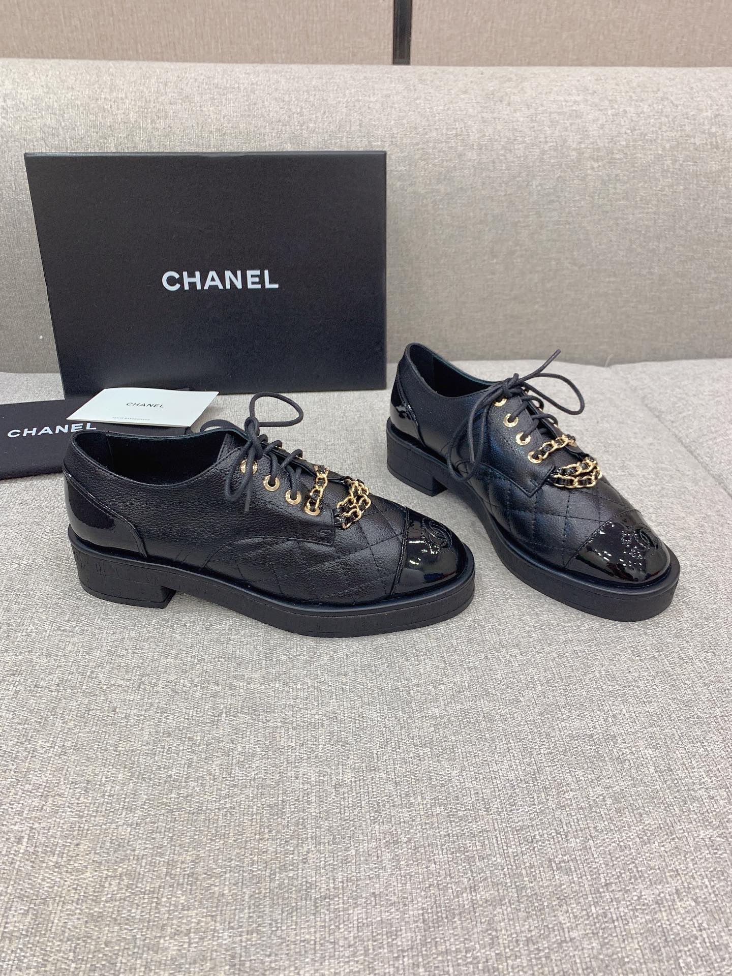(1:1 replica) Chanel Women s Lace- Ups With Gold Chain Black For Women 1.6in/4cm