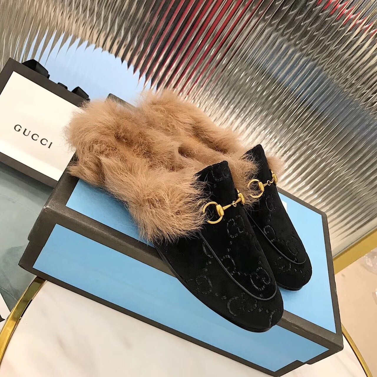 (1:1 replica) Gucci Women s Princetown Slipper Mules By Velvet Black For Women GG