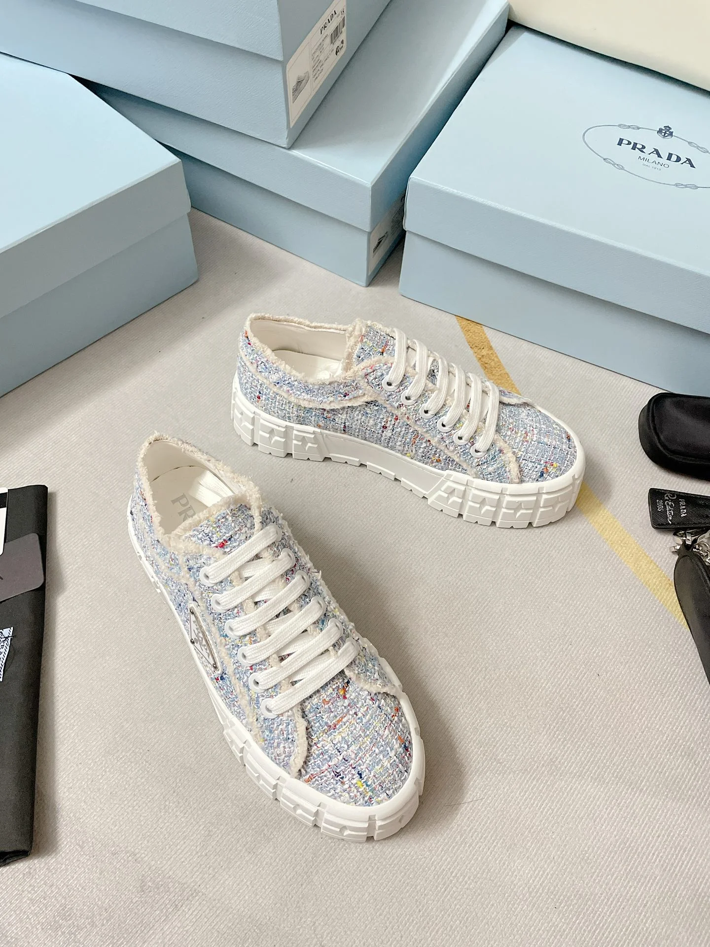 (1:1 replica) Prada Double Wheel Gabardine Sneakers Light Blue For Women 2in/50mm PRD