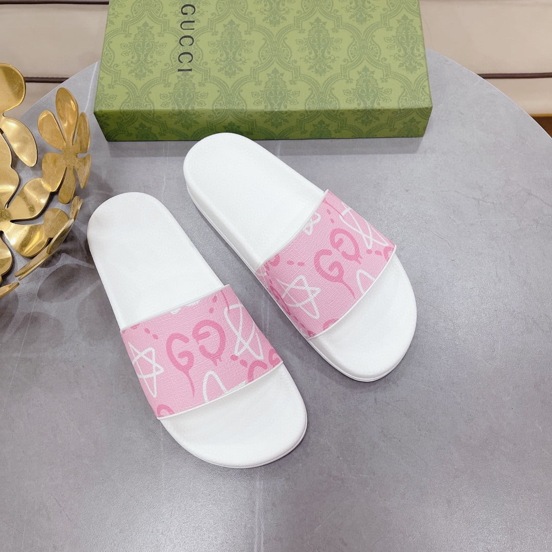 (1:1 replica) Gucci Women s GG Stars Print Slide Sandal Pink And White For Women 408508
