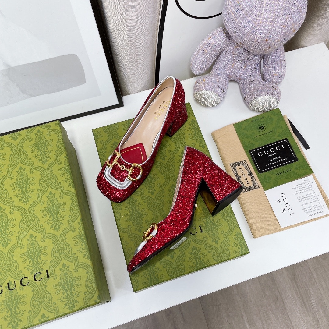 (1:1 replica) Gucci Lovelight Mid-Heel Crystal Ballet Flat With Horsebit Red For Women GG