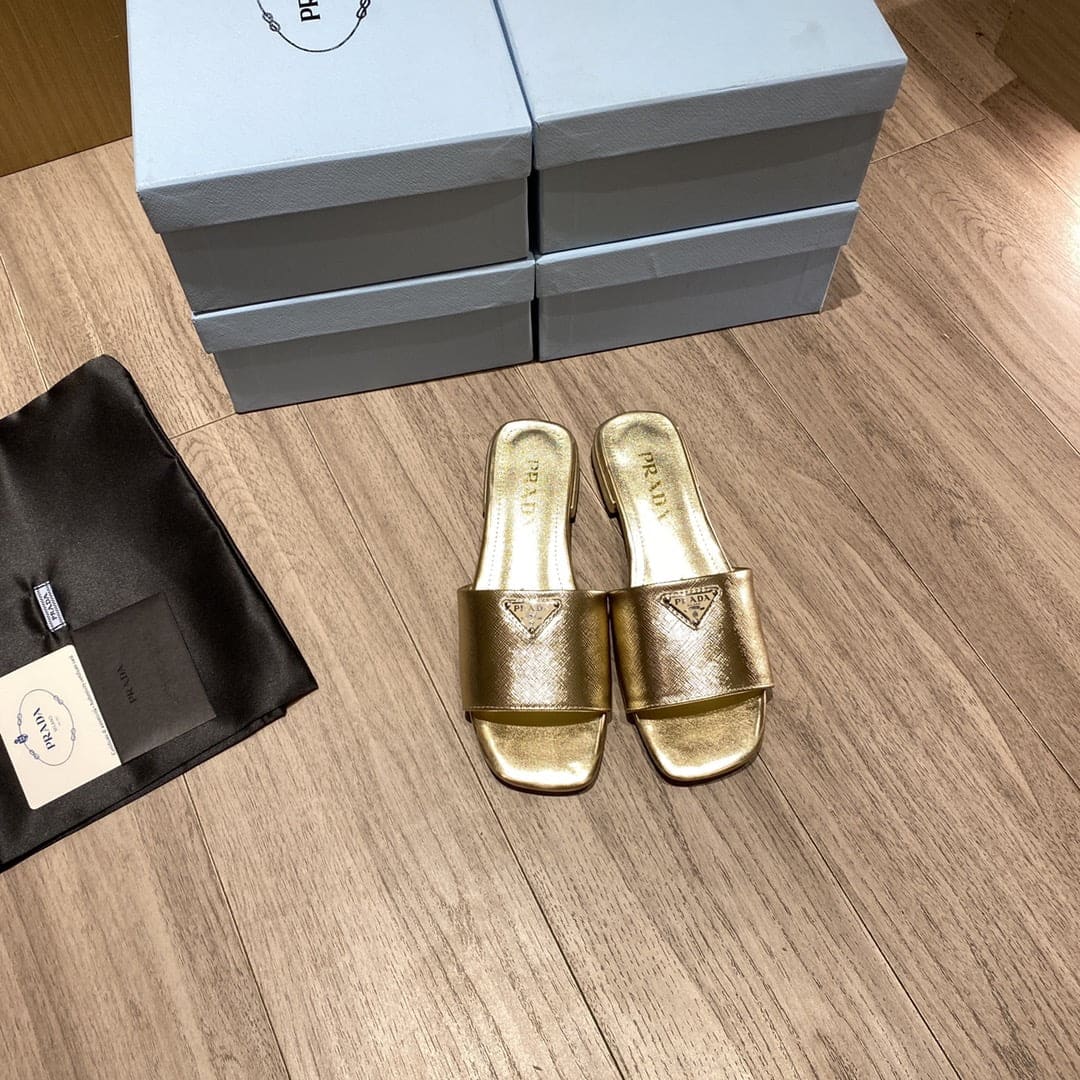 (1:1 replica) Prada Saffiano Slides Gold For Women 0.4in/10mm PRD